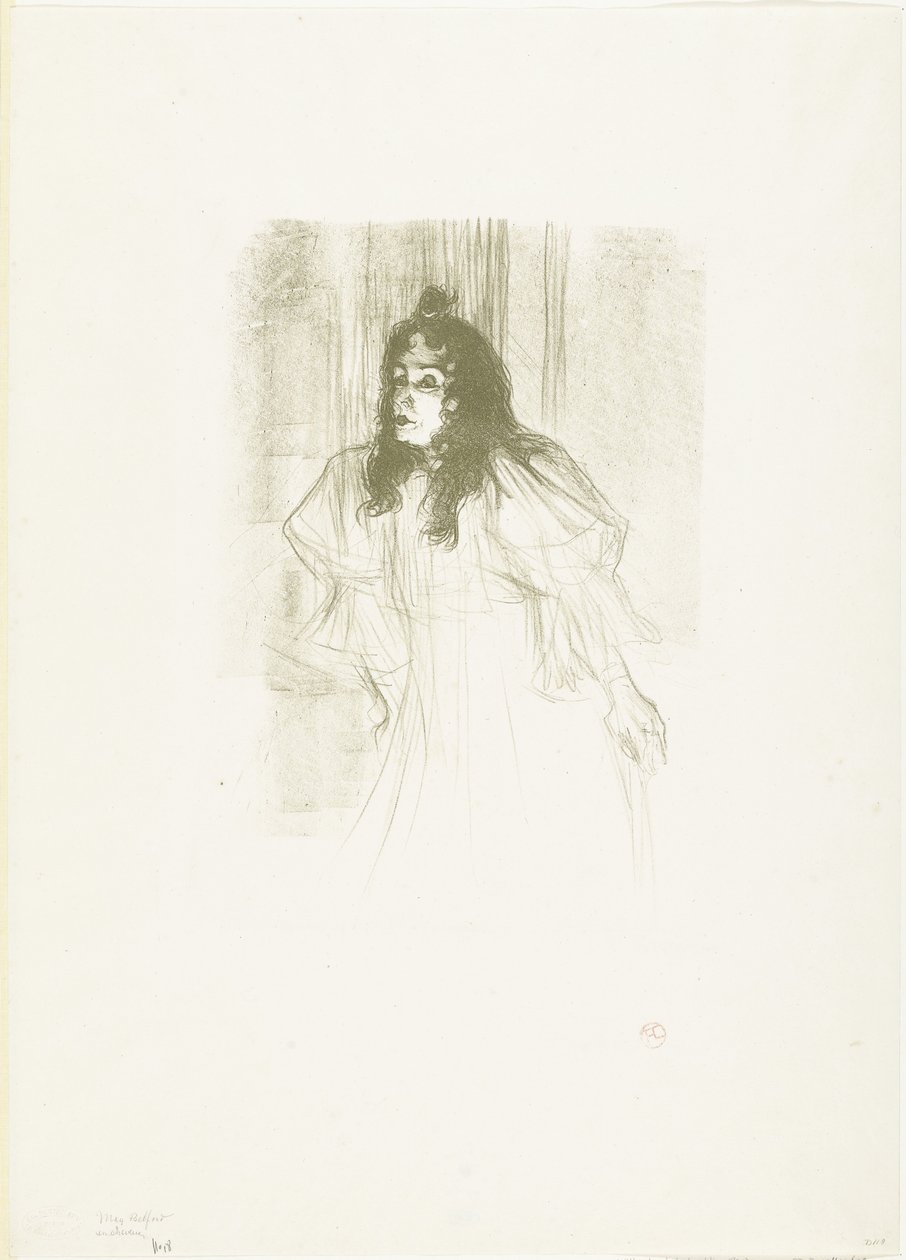 Portret van de zangeres May Belfort met loshangend haar door Henri de Toulouse Lautrec