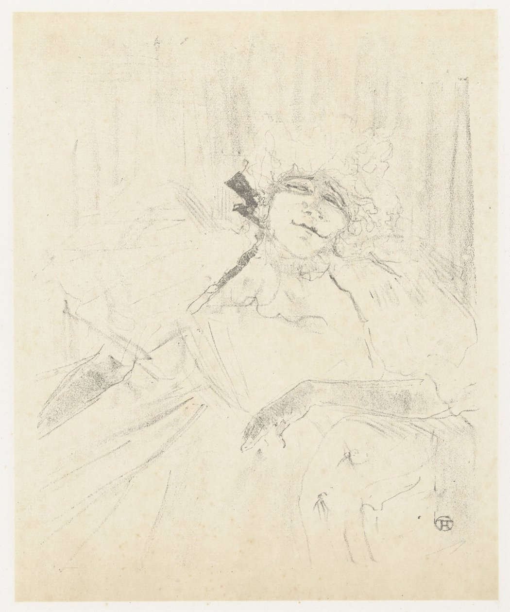 Portret van Yvette Guilbert in fauteuil op toneel door Henri de Toulouse Lautrec