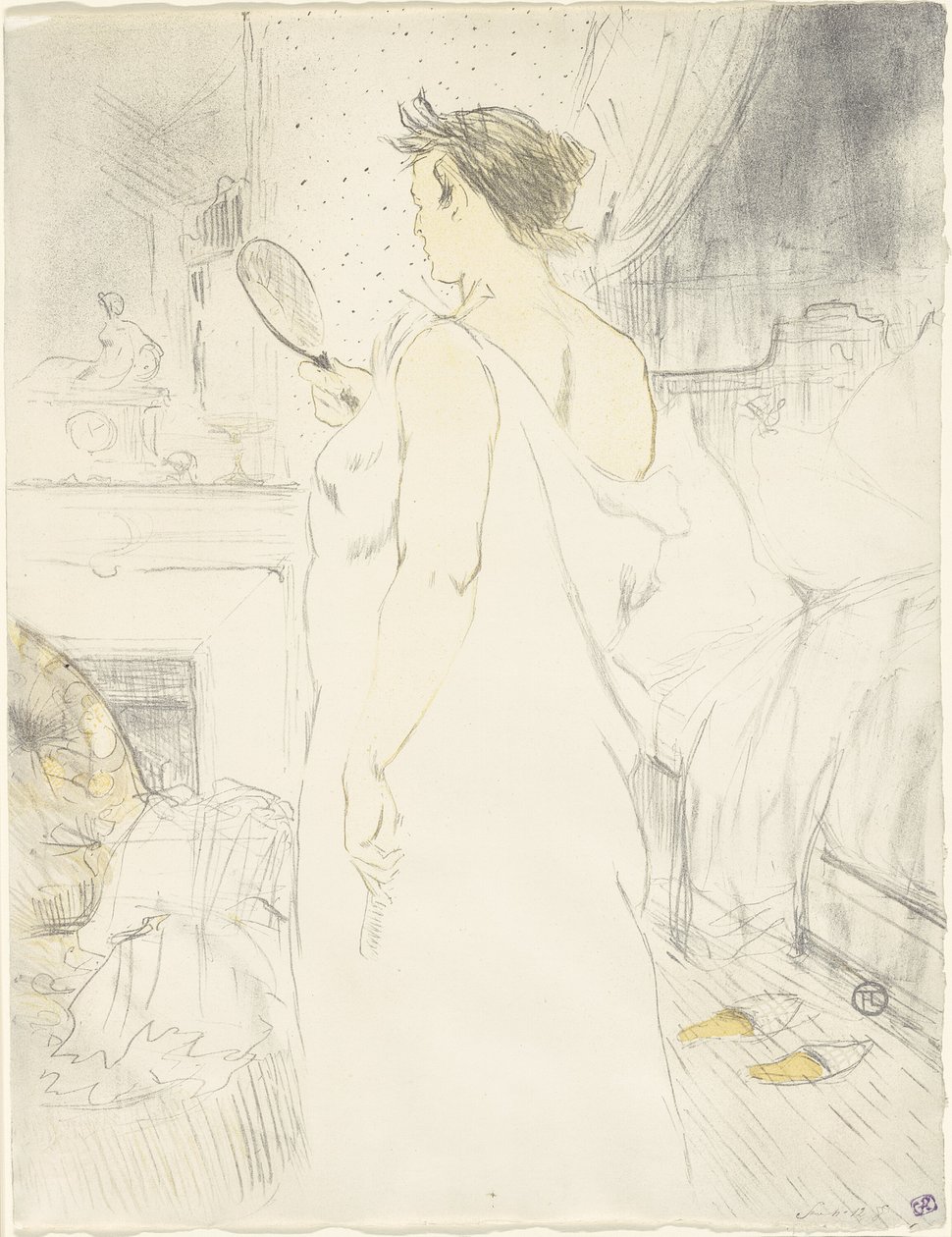 Vrouw bij de spiegel—Spiegel in de hand, plaat zes uit Elles door Henri de Toulouse Lautrec