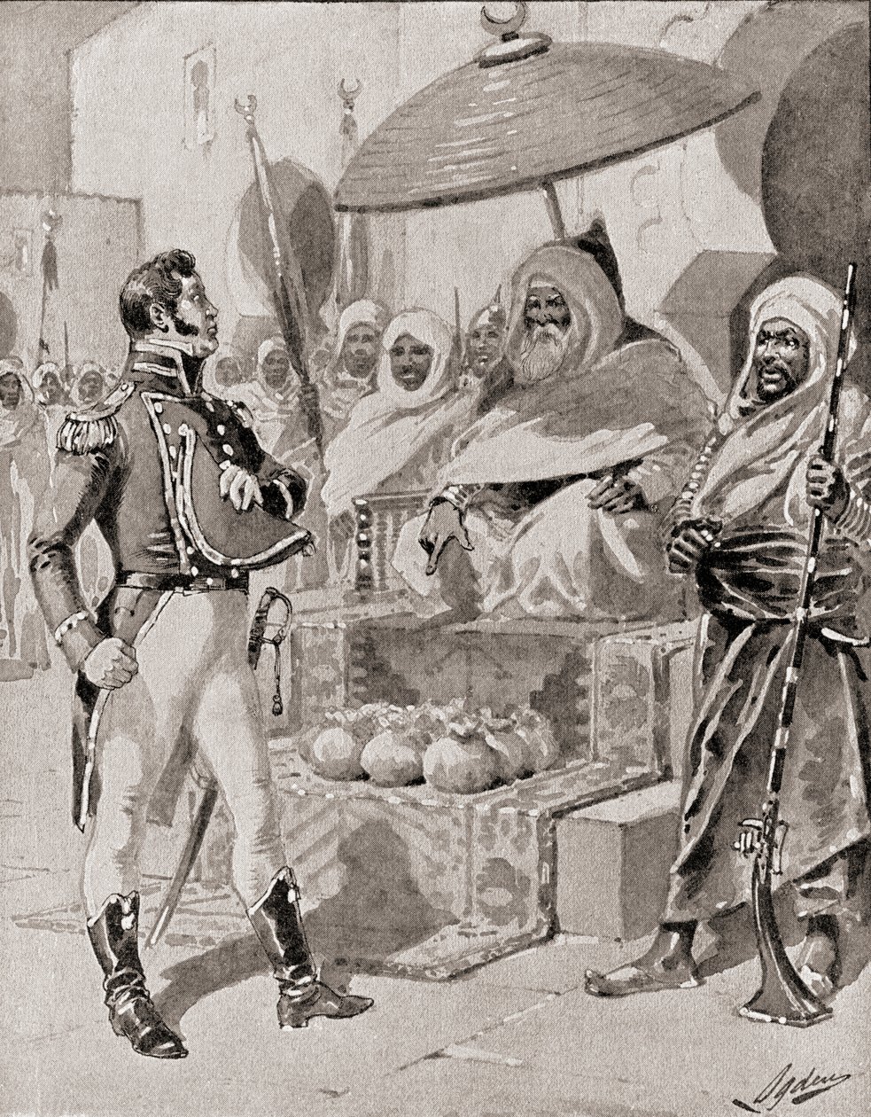 kapitein William Bainbridge betaalt de schatting aan de Dey van Algiers om vrijstelling van gevangenneming voor Amerikaanse koopvaardijschepen in de Middellandse Zee te verzekeren in 1800, uit De Geschiedenis van Ons Land, gepubliceerd 1905 door Henry Alexander Ogden