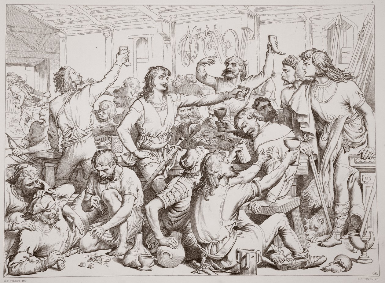 Hereward ziet Martin Lightfoot vertrekken met de brief, illustratie uit Hereward the Great door Charles Kingsley, uitgegeven 1870, gegraveerd door C.G. Lewis door Henry Courtney Selous