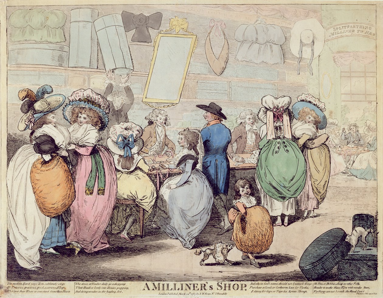 Een Hoedenwinkel, gepubliceerd in 1787 door Henry Kingsbury