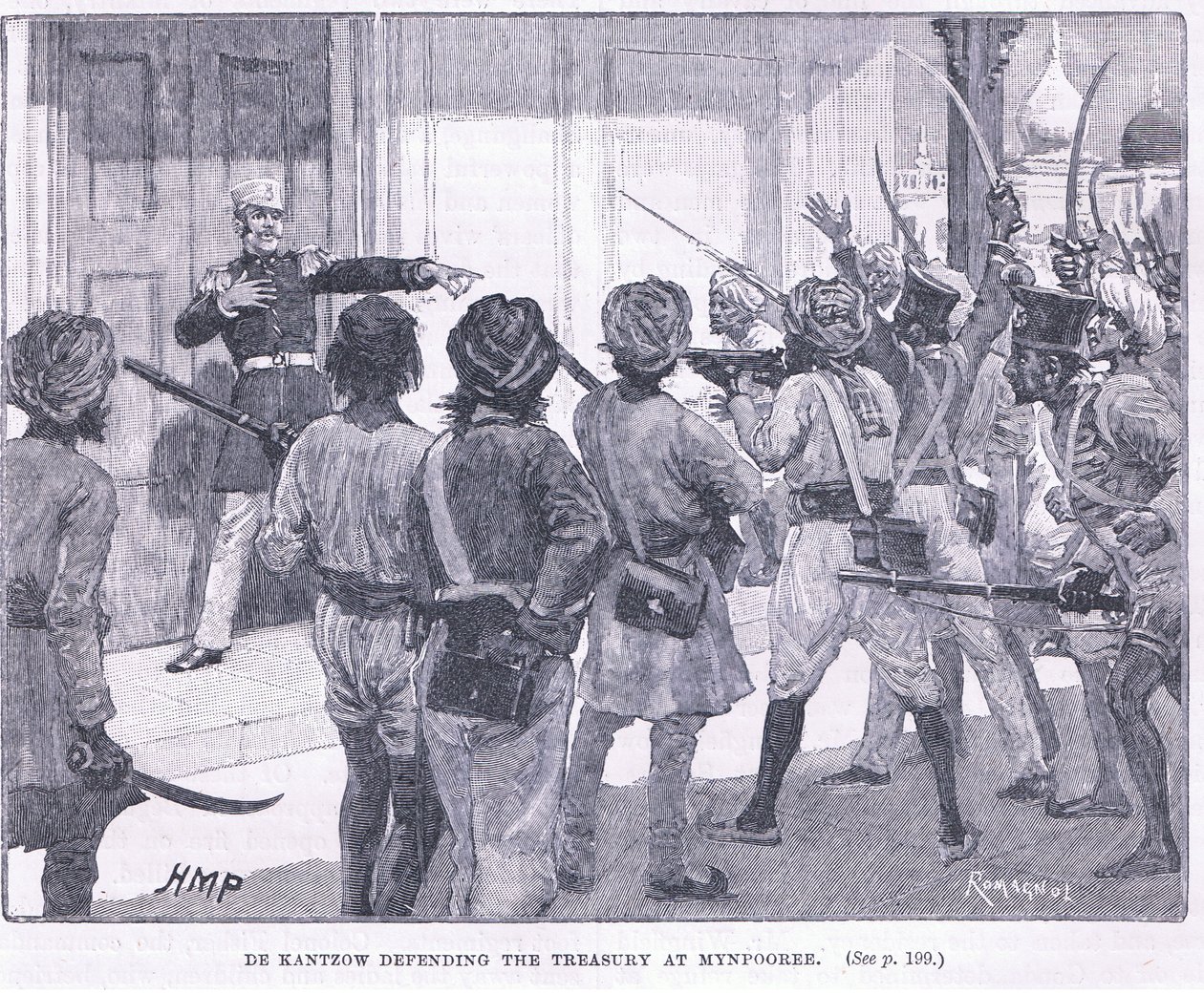 De Kantzow verdedigt de schatkist in Mynpooree 1857 AD door Henry Marriott Paget