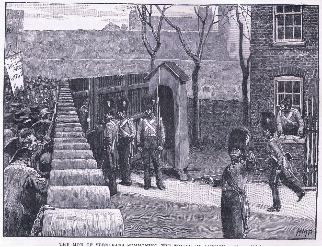 De menigte van Spenceanen roept de Tower of London op, AD 1816 door Henry Marriott Paget