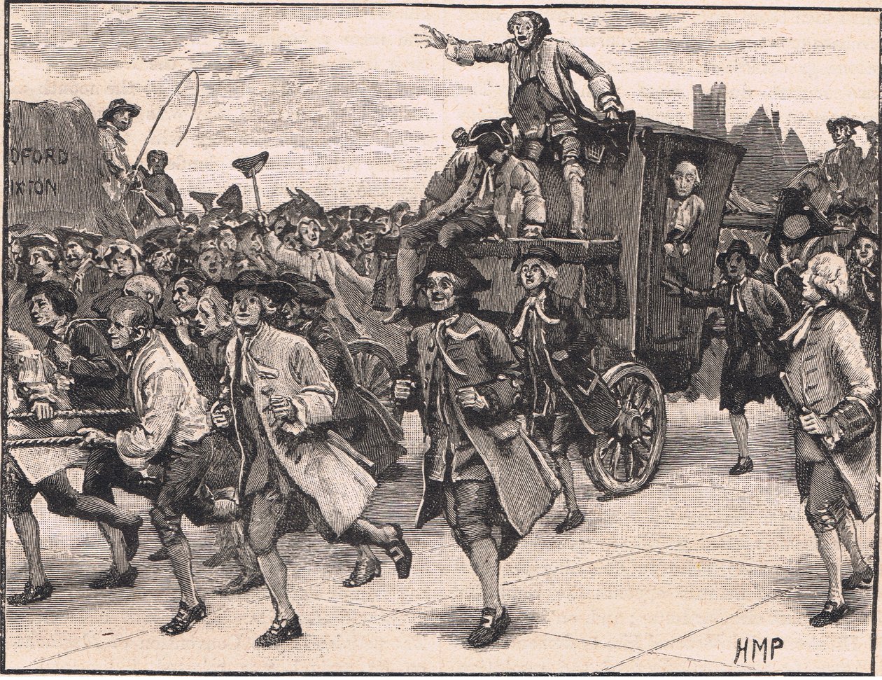 De menigte bevrijdt meneer Wilkes op weg naar de gevangenis, 1768 door Henry Marriott Paget