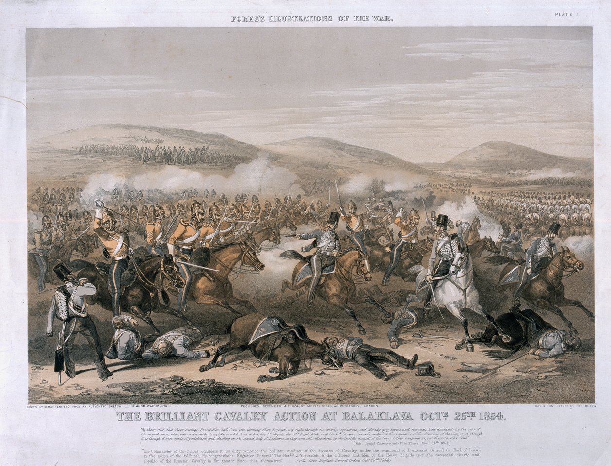 De briljante cavalerieactie bij de Slag om Balaclava, 25 oktober 1854, gegraveerd door Edmund Walker, gepubliceerd 1854 door Henry Martens