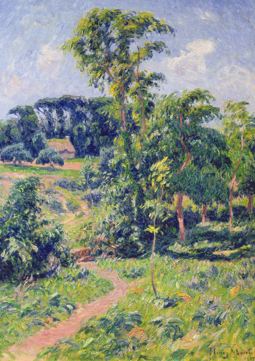 Landschap met bomen en een pad dat naar een huisje leidt door Henry Moret