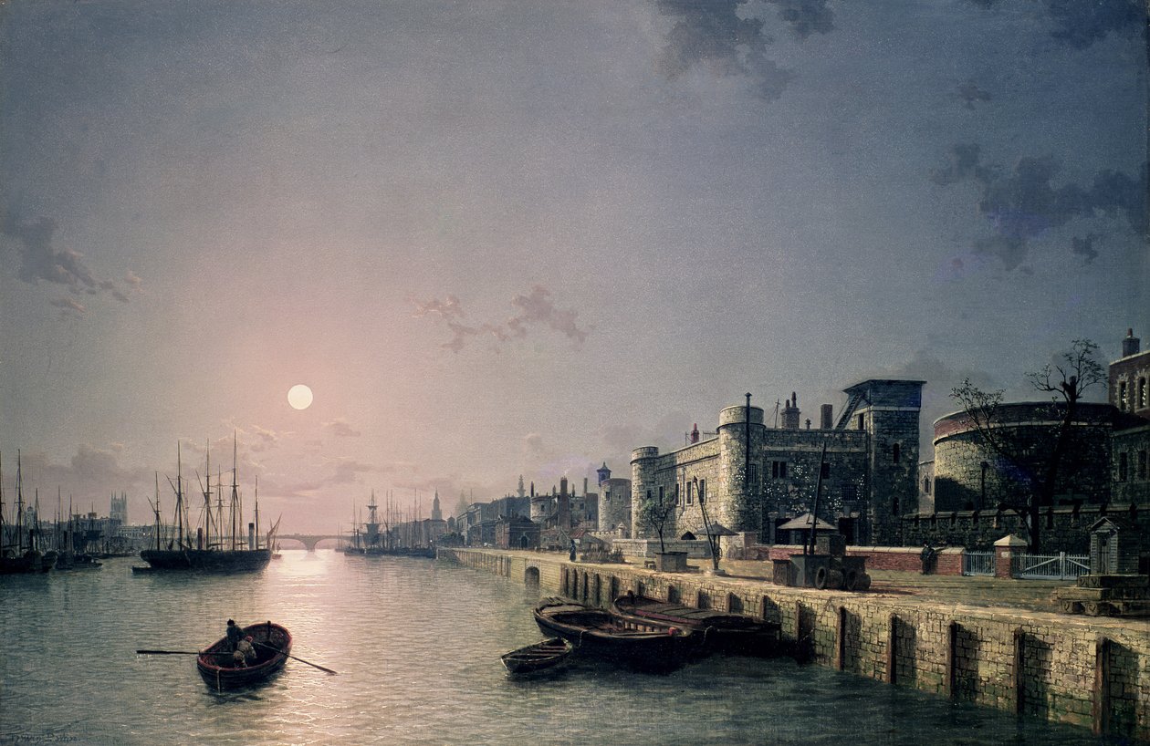 Tower of London en de Theems bij maanlicht door Henry Pether