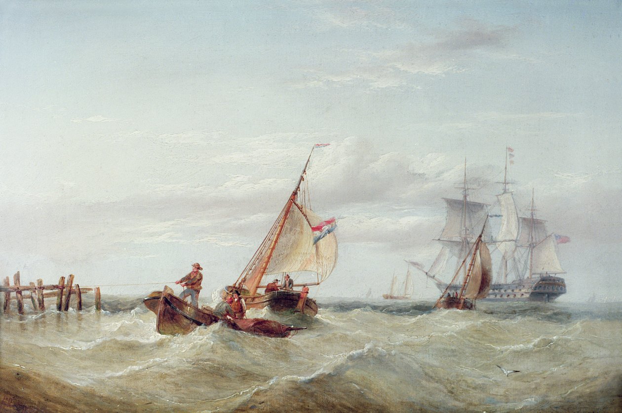 Een Oost-Indiëvaarder en andere schepen voor de kust door Henry Redmore