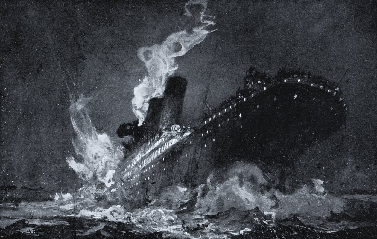 RMS Titanic van de White Star Line zinkt na botsing met een ijsberg in de Noord-Atlantische Oceaan door Henry Reuterdahl