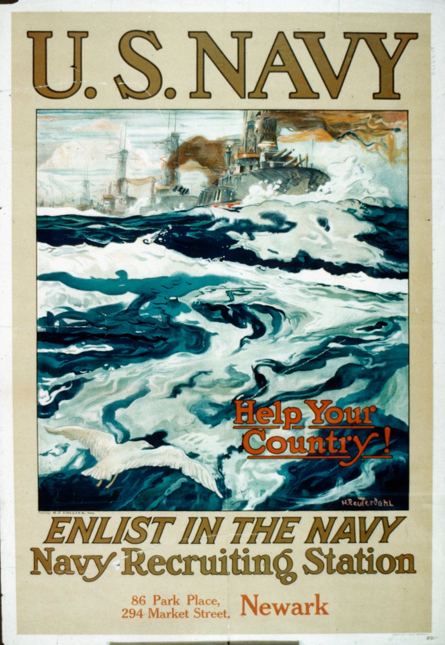 Wervingsposter van de Amerikaanse marine uit de Eerste Wereldoorlog door Henry Reuterdahl