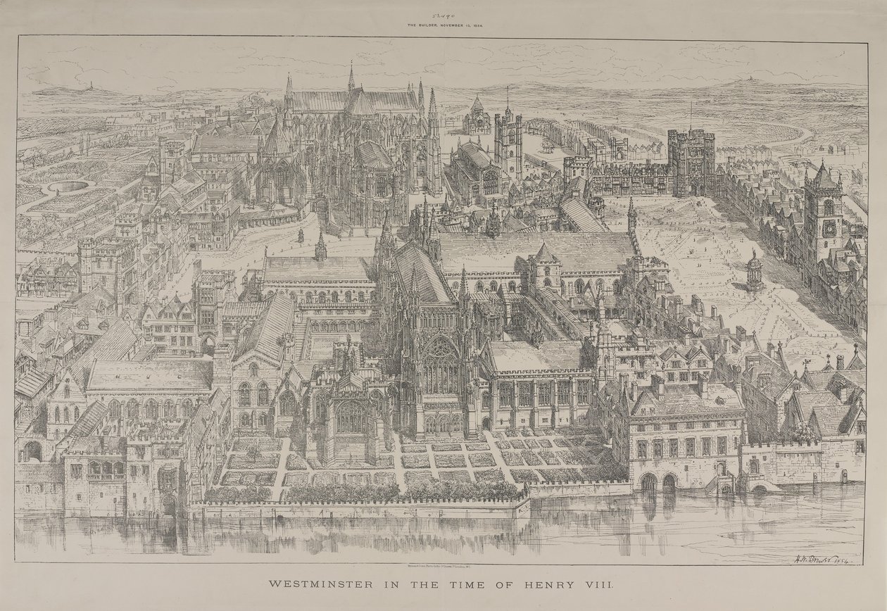 Luchtfoto van Westminster Abbey en het Palace of Westminster in de tijd van Hendrik VIII, 1884 door Henry William Brewer