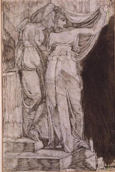 Twee Vrouwelijke Figuren Staand op Trappen, Rome, Mei 1787 door Johann Heinrich Füssli