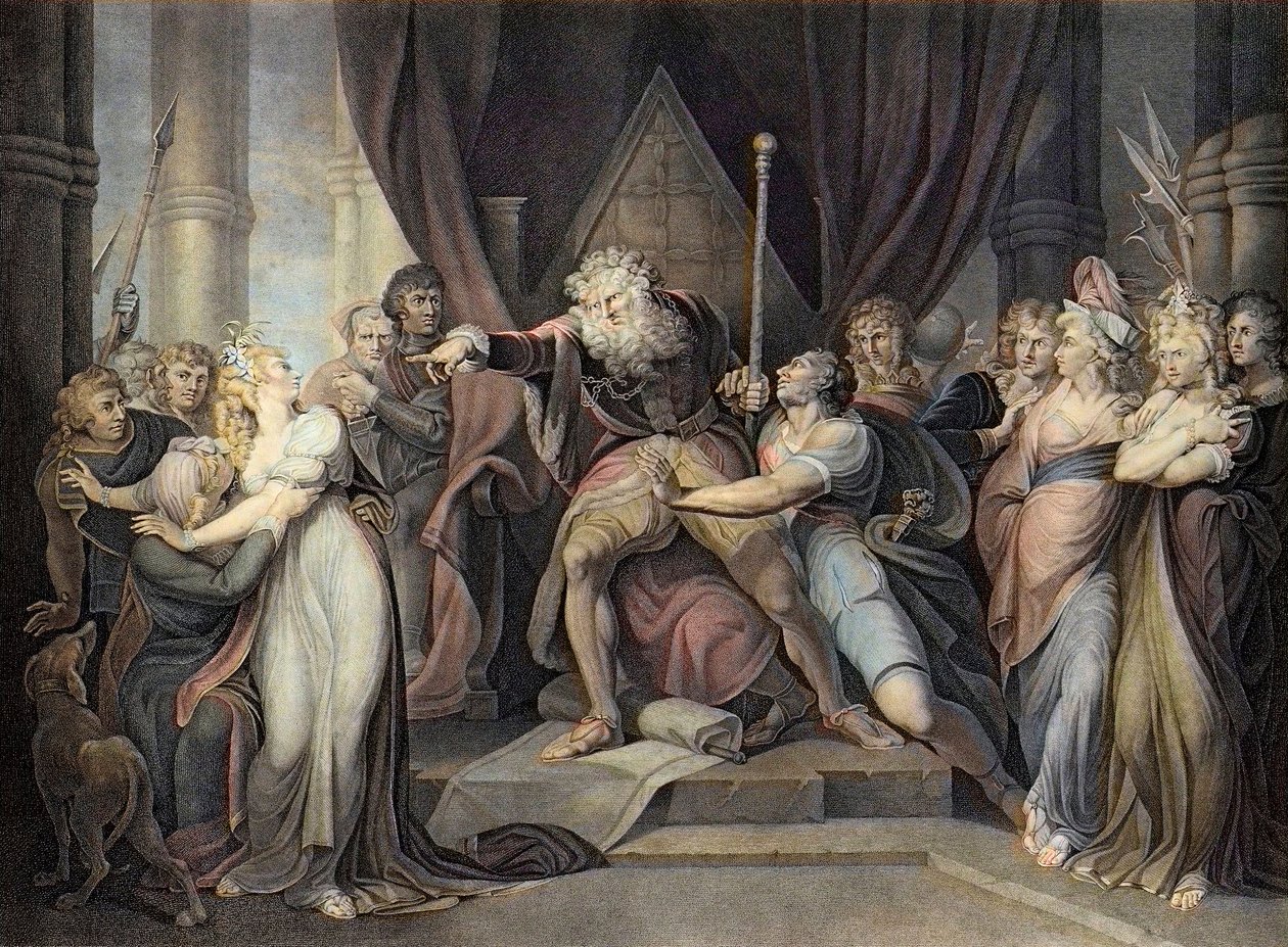 Shakespeare - King Lear - Act I Scene I. - King Lear Verwerpt Zijn Dochter Cordelia - gravure naar Henry Fuseli door Henry  Fuseli
