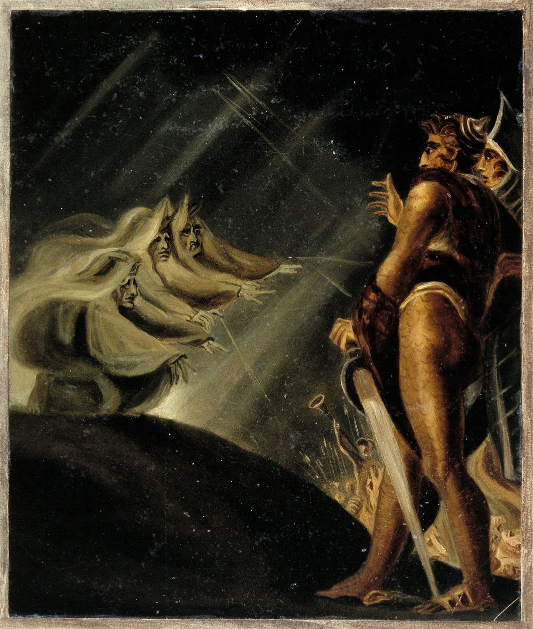 De heksen zweven boven Macbeth en Banquo door Henry  Fuseli