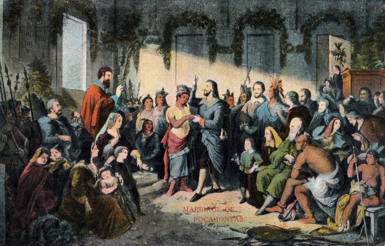 Het huwelijk van Pocahontas en John Rolfe in Jamestown in 1614 door Henry (after) Brueckner