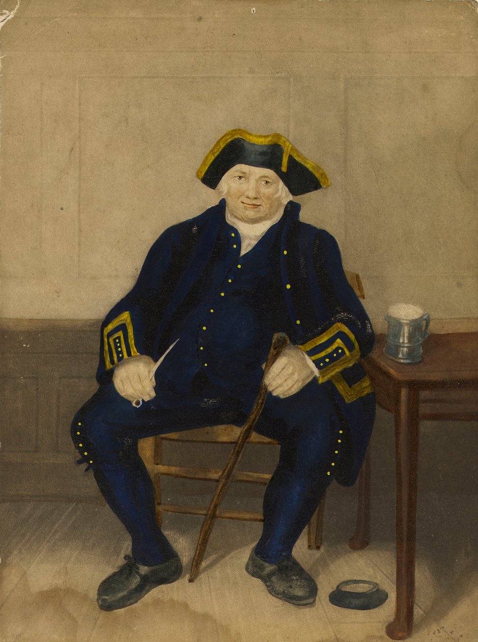 Portret van Greenwich-pensioengerechtigde, zittend met kleipijp en bierpul door Henry (after) Dawe