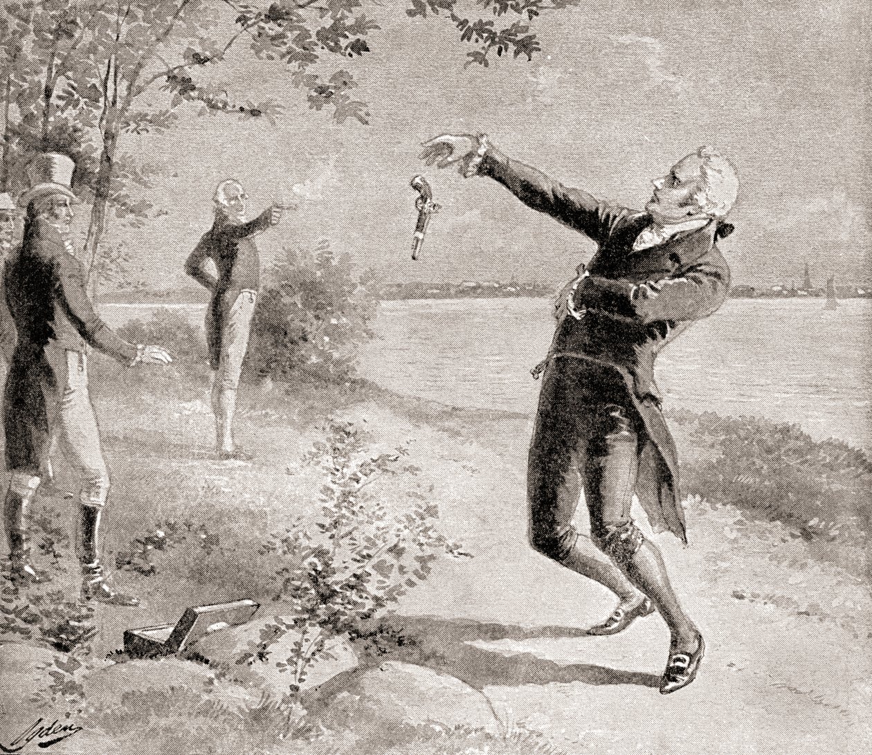 het duel tussen Burr en Hamilton op 11 juli 1804, uit De Geschiedenis van Ons Land, gepubliceerd 1905 door Henry Alexander Ogden