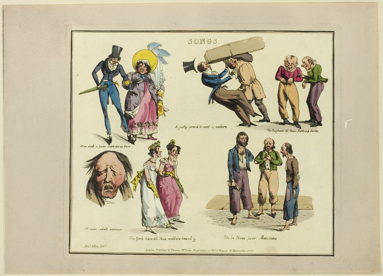 Plaat van illustraties tot populaire liedjes door Henry Alken