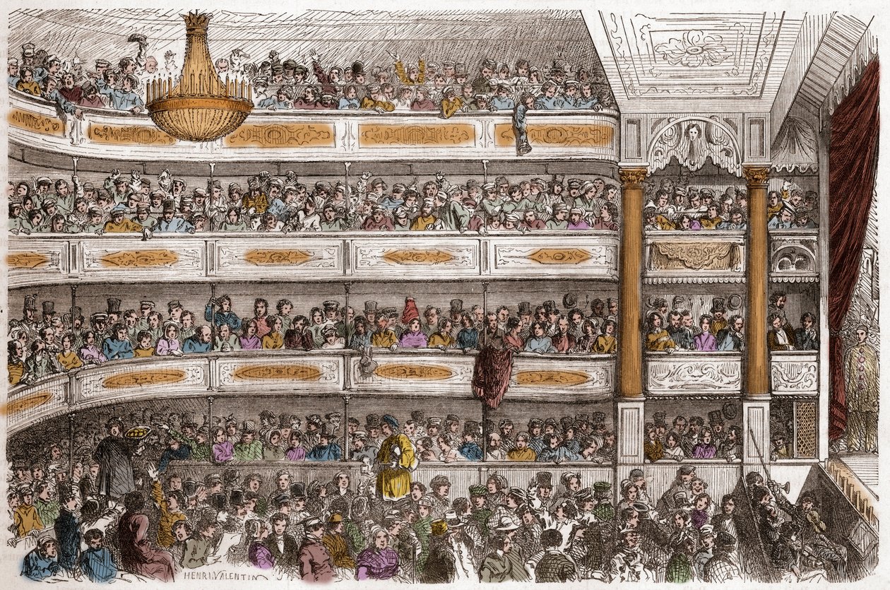 Het auditorium van het Theatre des Funambules in Parijs in de 19e eeuw - Theatre des Funambules, boulevard du Temple in Parijs, in de 19e eeuw - Gravure door Henri Valentin in 
