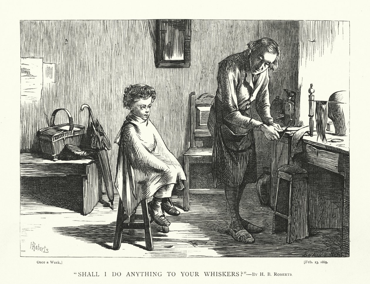 "Zal ik iets met je snor doen" (gravure) door Henry Benjamin Roberts