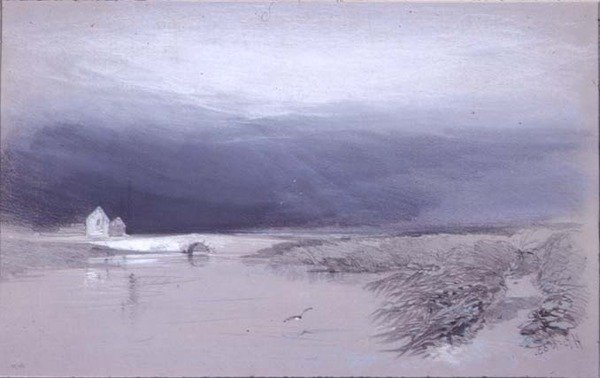 Landschap met rivier en brug: regen komt op door Henry Bright
