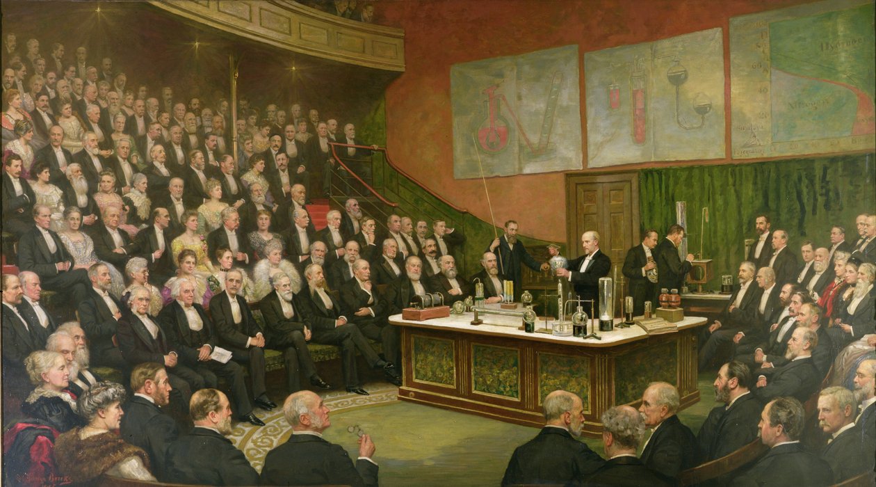 Een vrijdagavondlezing aan de Royal Institution; Sir James Dewar over vloeibare waterstof, 1904 door Henry Brooks