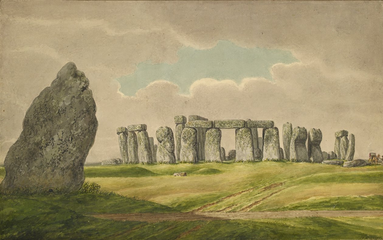 Stonehenge vanuit het N.O., toont ruïnes en hielsteen met kar, paard, persoon, 1824-1839 door Henry Browne