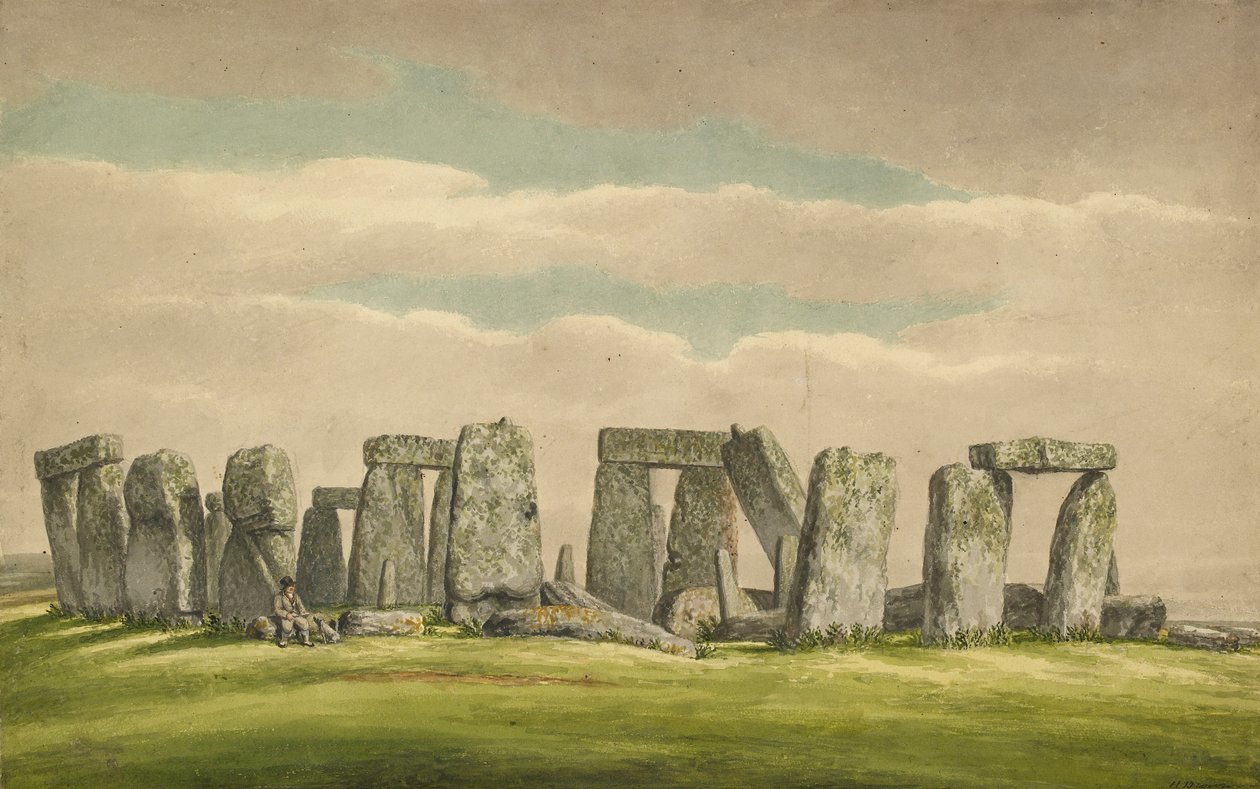 Stonehenge vanuit het N.W., toont ruïnes met man en hond, 1824-1839 door Henry Browne