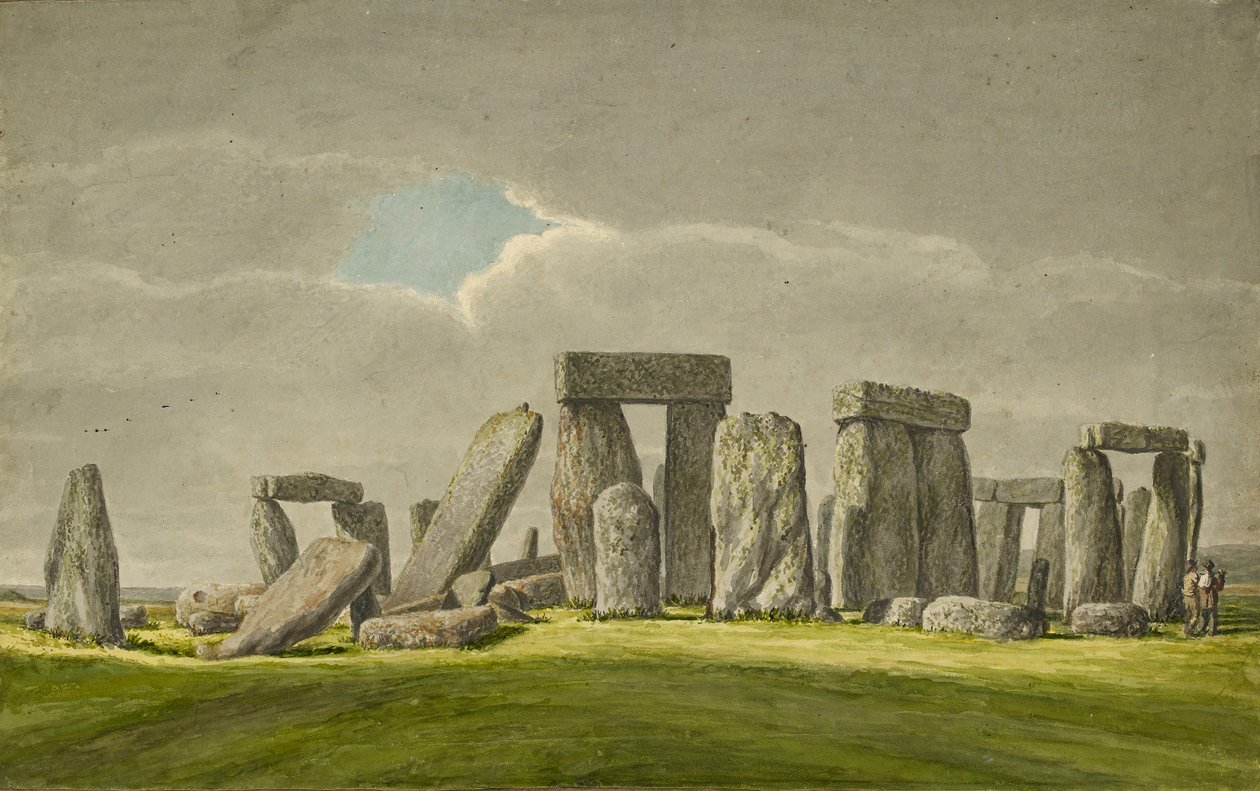 Stonehenge vanuit het Z.O., toont stenen in verwoeste staat met 2 bezoekers, 1824-1839 door Henry Browne