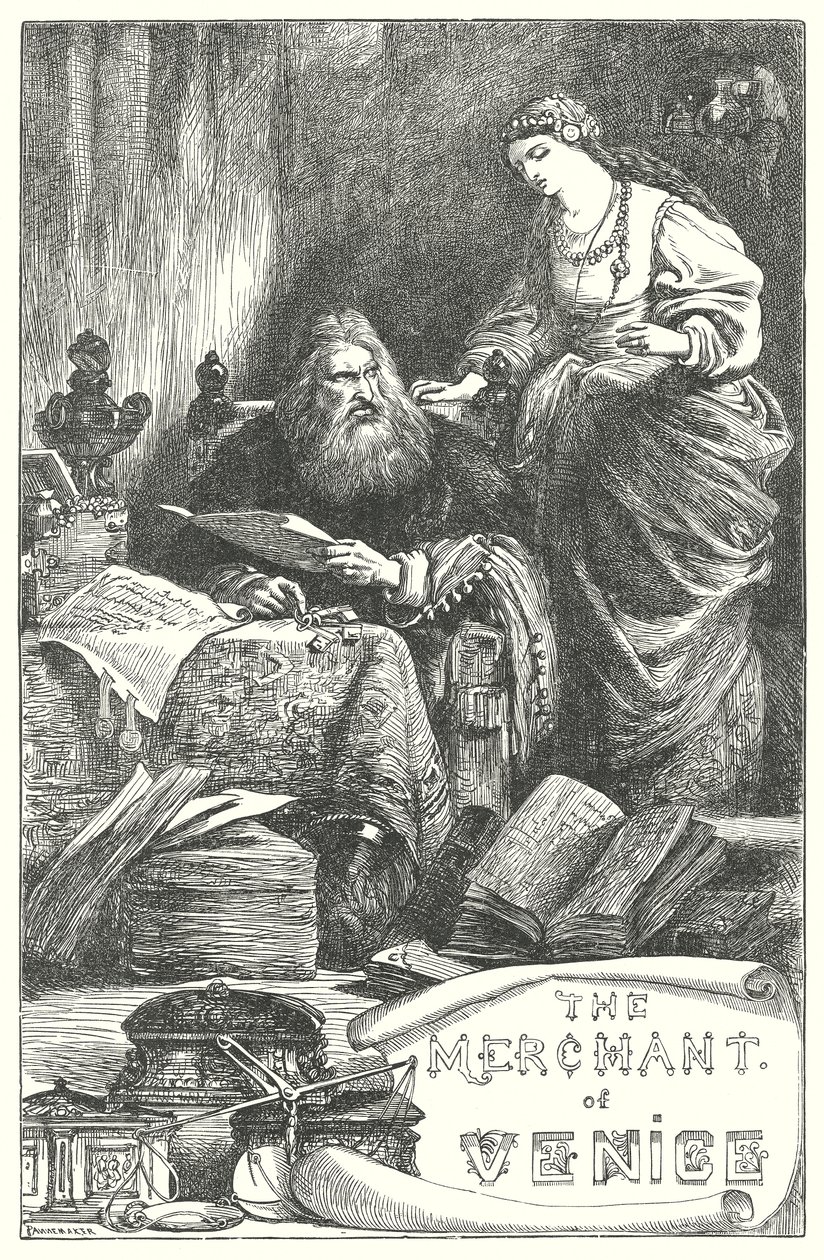 De koopman van Venetië (gravure) door Henry Courtney (after) Selous
