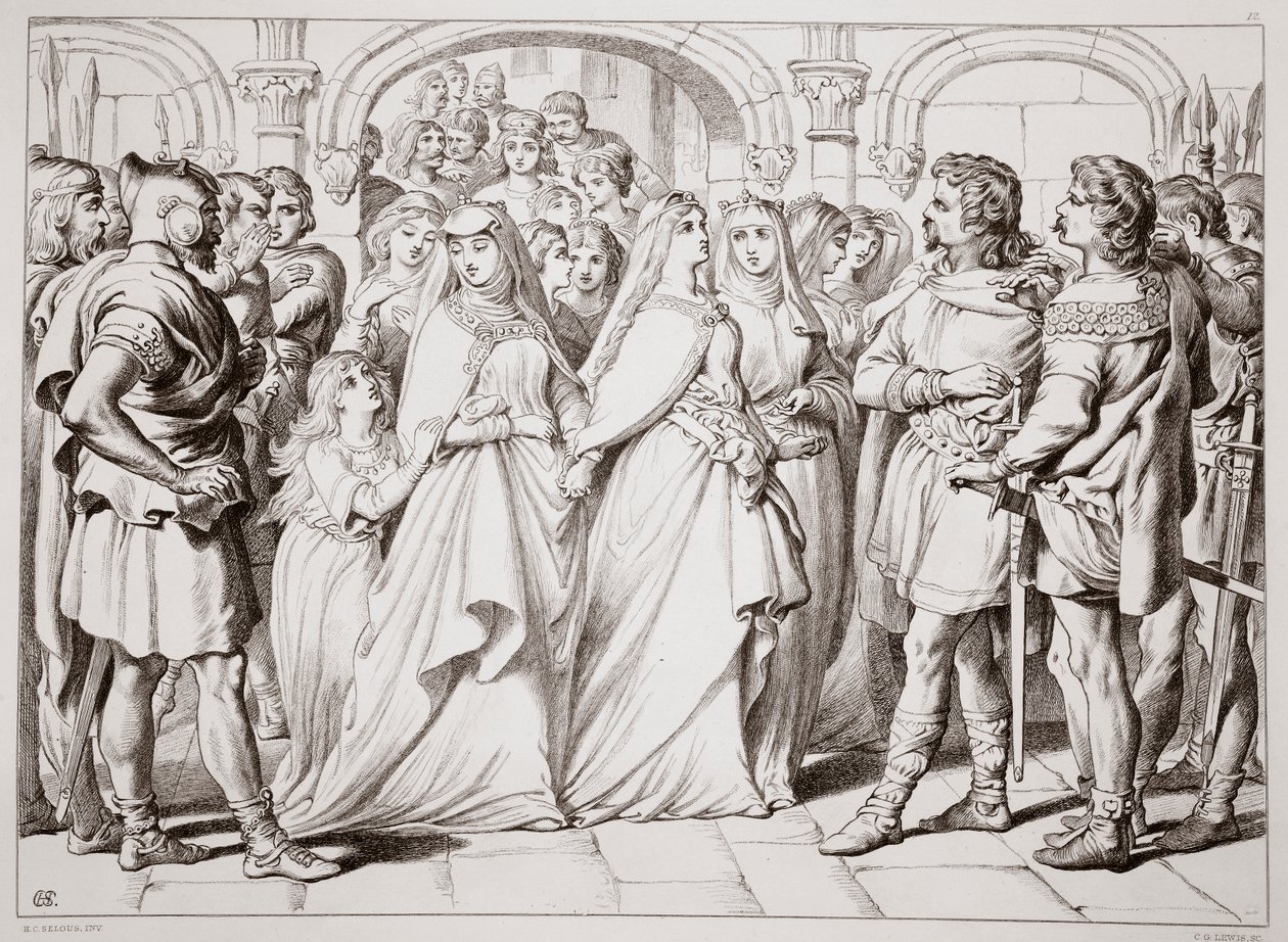 Alftruda herkent Hereward, illustratie uit Hereward the Great door Charles Kingsley, uitgegeven 1870, gegraveerd door C.G. Lewis door Henry Courtney Selous