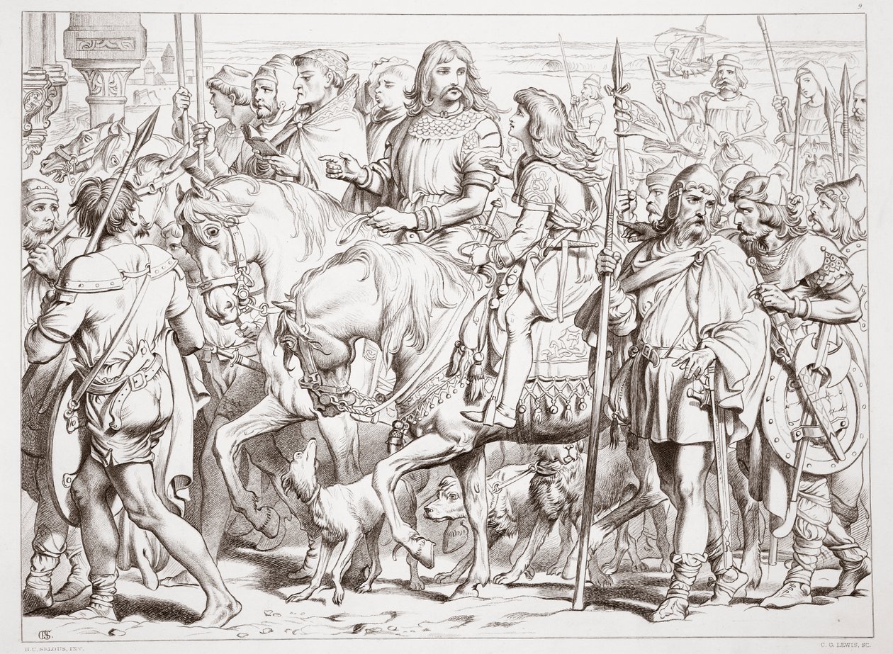 Hoe Hereward de gewijde vesting van St. Bertin binnengaat, illustratie uit Hereward the Great door Charles Kingsley, uitgegeven 1870, gegraveerd door C.G. Lewis door Henry Courtney Selous