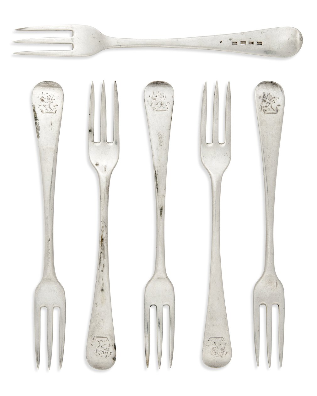 Set van George III koloniale Oud-Engelse patroon dessertvorken, Gibraltar, c.1790 (zilver) door Henry Cowper