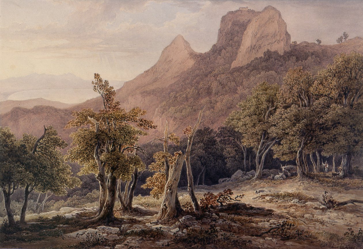 Rotsachtig Landschap met figuren en een meer op de achtergrond door Henry Curzon Allport