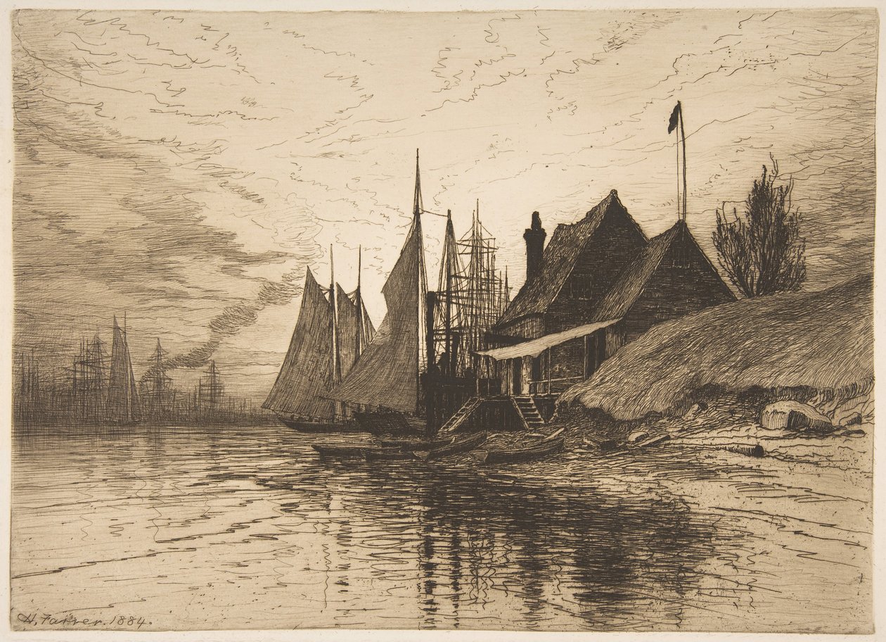 Avond, haven van New York, 1884 door Henry Farrer