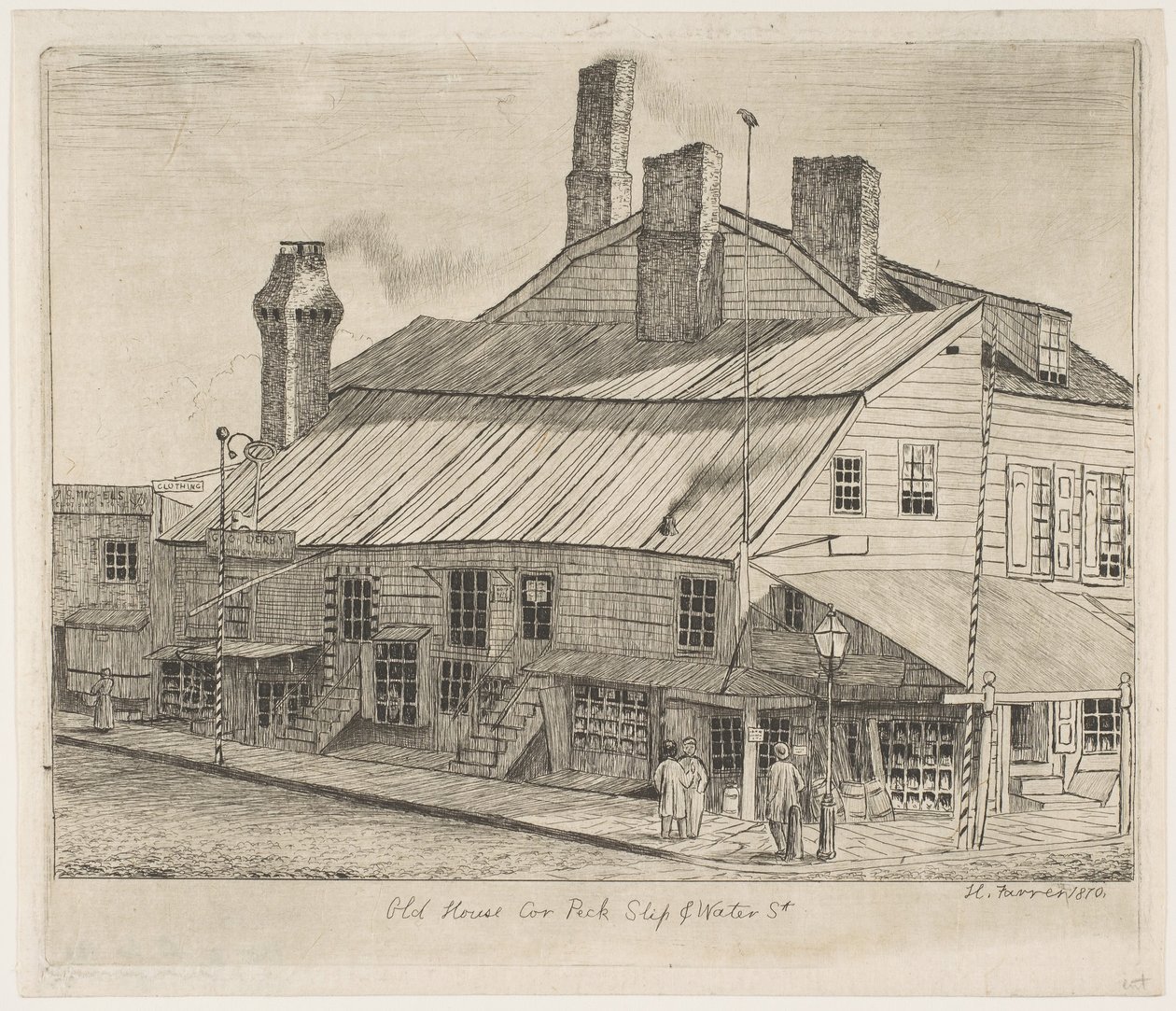 Oud Huis, Hoek van Peck Slip en Water Street uit Scènes van Oud New York, 1870 door Henry Farrer