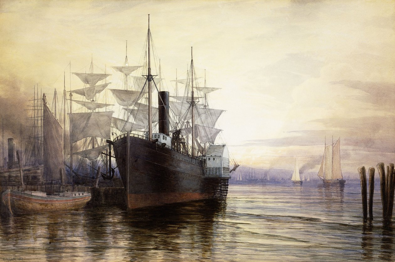 Zonsondergang, haven van New York, 1880 door Henry Farrer