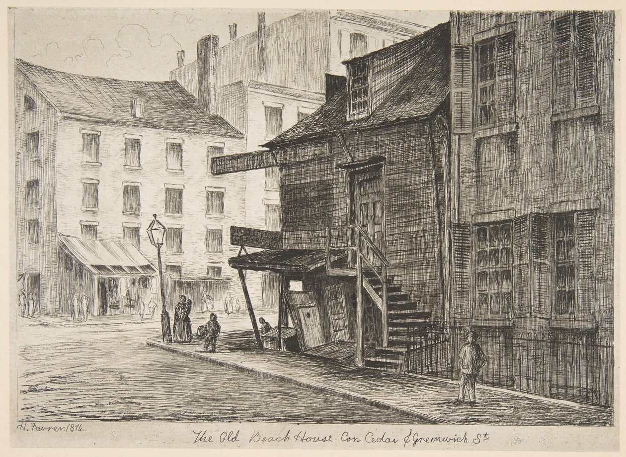 Het Oude Strandhuis, Hoek van Cedar en Greenwich Streets uit Scènes van Oud New York door Henry Farrer