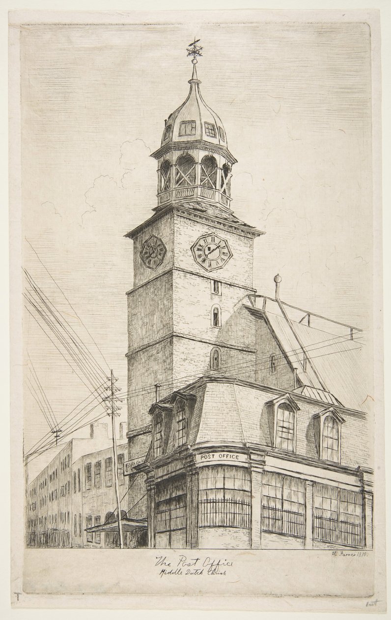 Het postkantoor, Midden-Nederlandse kerk uit Scènes van Oud New York door Henry Farrer