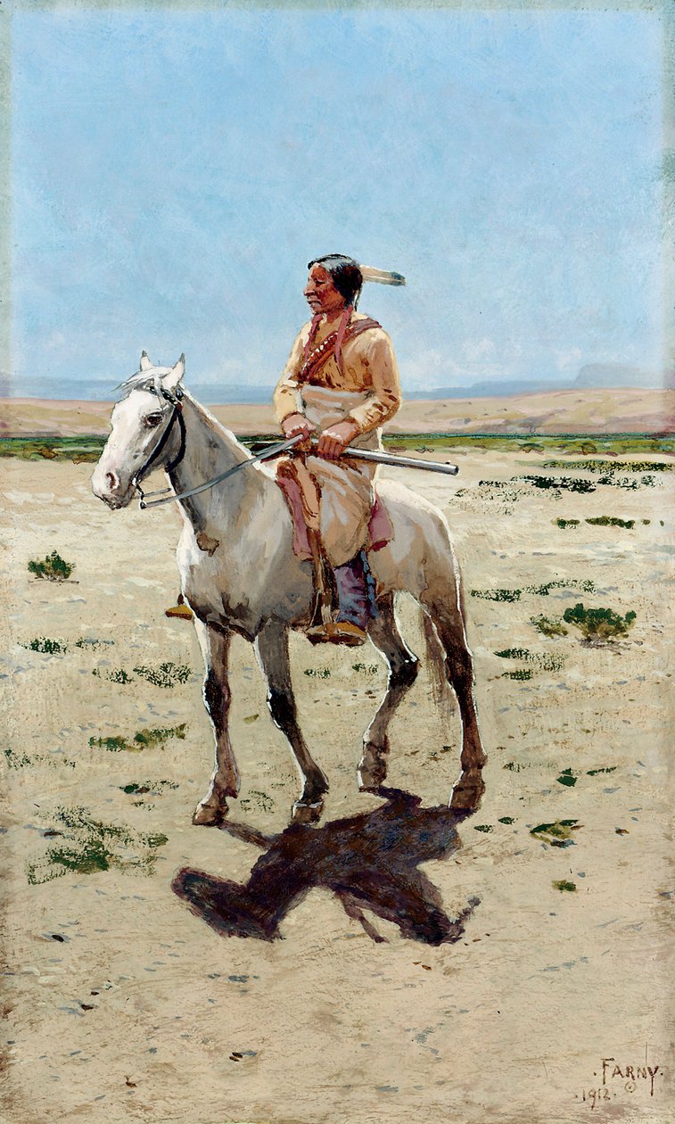 Cheyenne verkenner. Een indiaan te paard met een geweer. Schilderij van Henry Francois Farny (1847-1916) door Henry Francois Farny