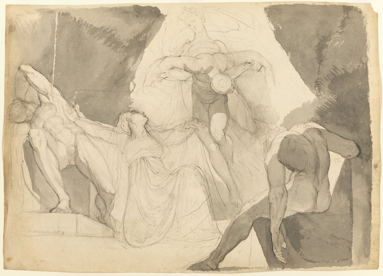 Met hulp van Eeriboia draagt Hermes de uitgeputte Ares weg van de slapende zonen van Aloeus (recto); Schets van een van de slapende zonen van Aloeus (verso) door Johann Heinrich Füssli