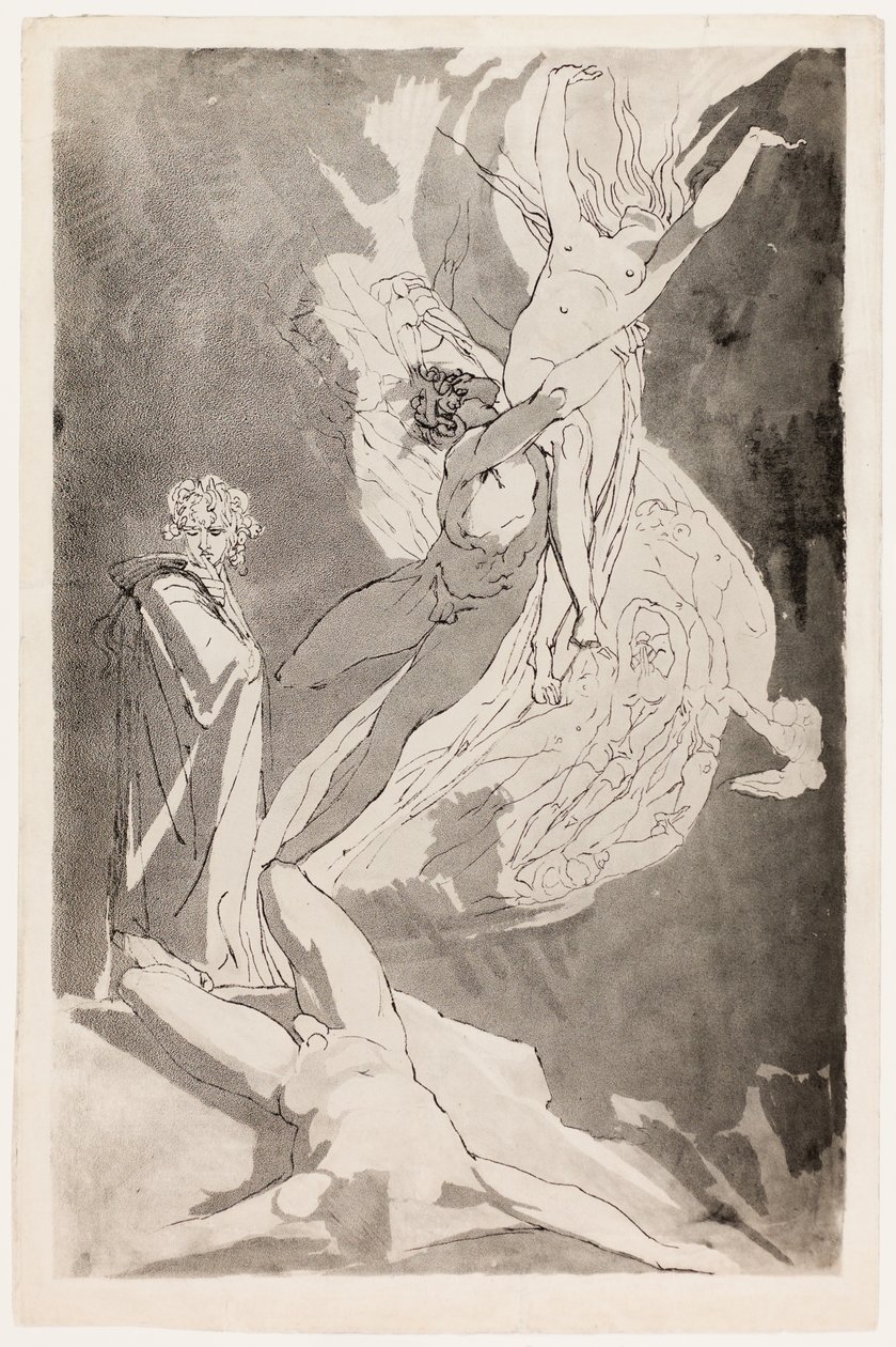 Dante valt flauw voor de stijgende zielen van Paolo en Francesca, Virgil aan zijn zijde door Johann Heinrich Füssli