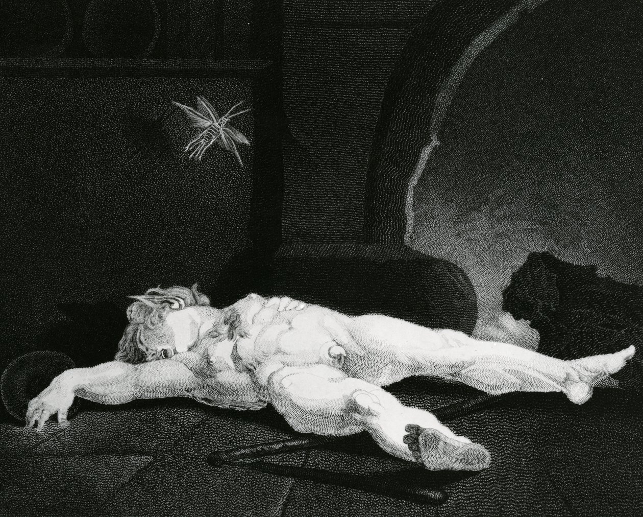 Puck die slapend ligt voor de landelijke haard, gegraveerd door Moses Haughton Jr. door Johann Heinrich Füssli