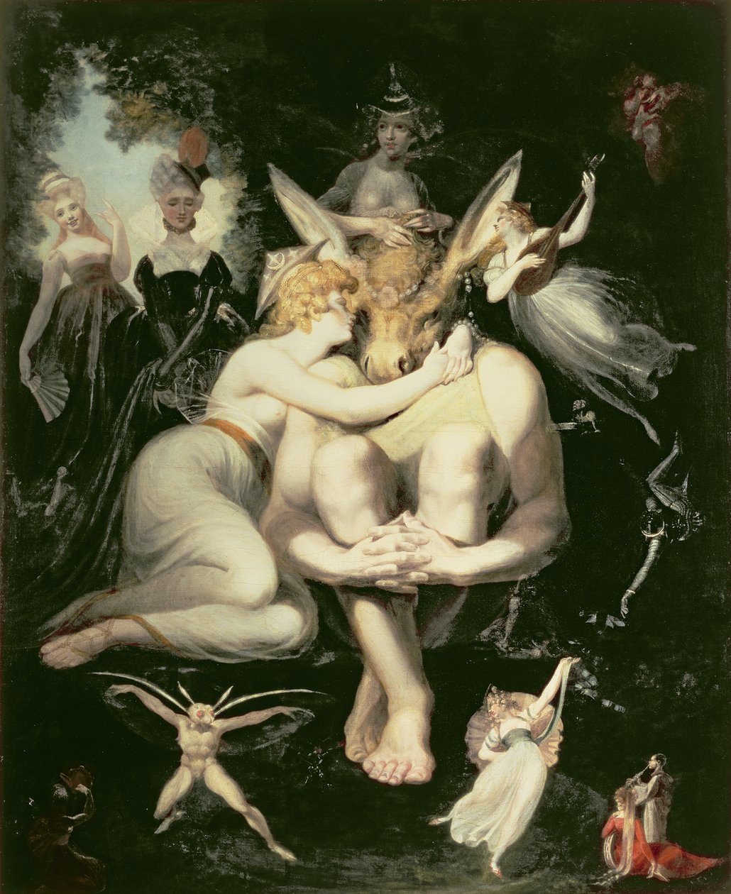Titania ontwaakt, omringd door dienende feeën, klampt zich extatisch vast aan Bottom, die nog steeds het ezelskop draagt, 1793-4 door Johann Heinrich Füssli