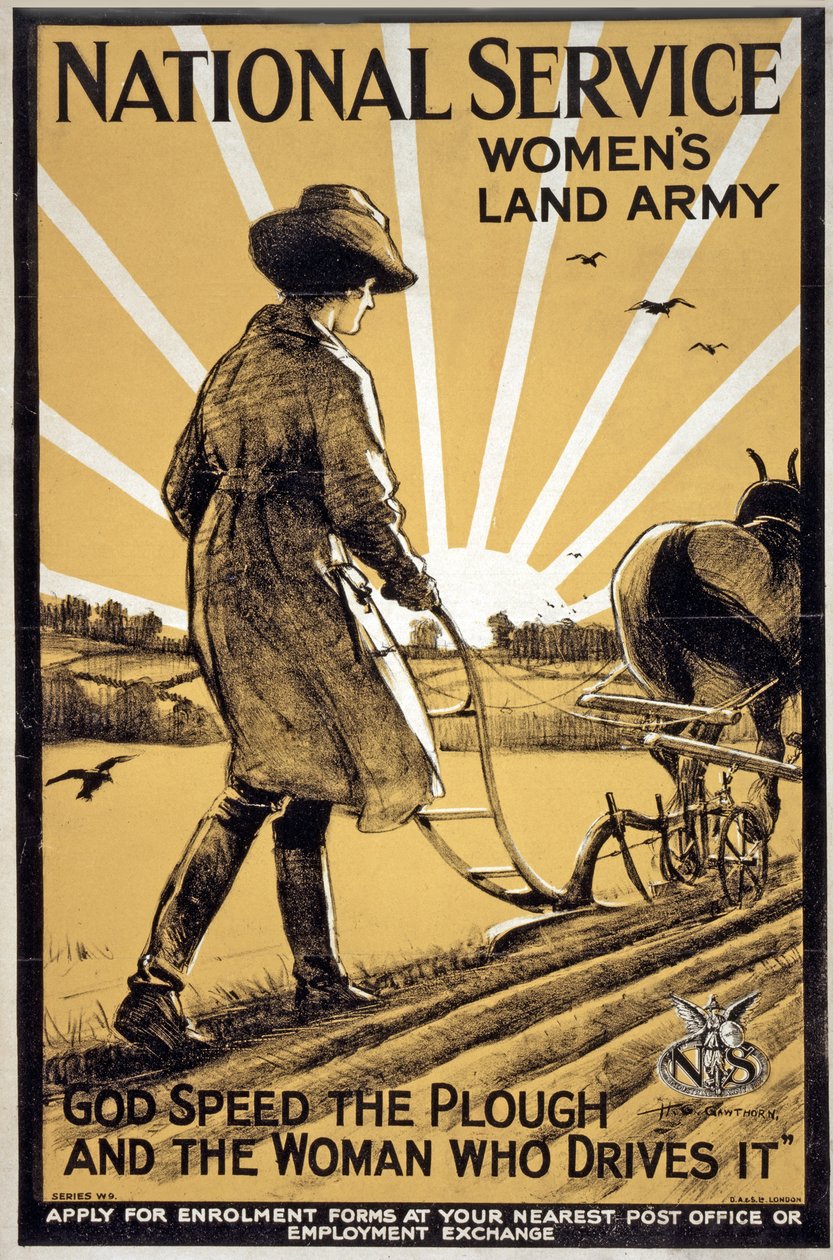 Nationale Dienst Vrouwen Landleger, God speed de ploeg en de vrouw die hem bestuurt, gepubliceerd Londen, ca. 1917 door Henry George Gawthorn