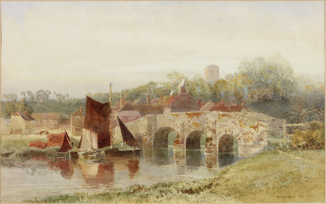 Dorp met brug door Henry George Hine