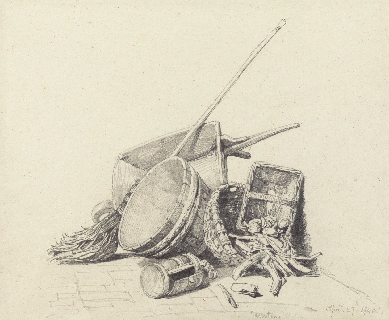 Stilleven met kruiwagen en manden, 27 april 1840 door Henry Harris Lines