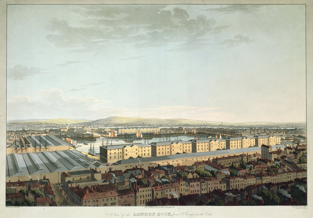 Een Uitzicht op de Londense Dok vanaf St. Georges-in-the-East, gegraveerd door Daniel Havell, uitgegeven door T. Clay, 1816 door Henry Haseler
