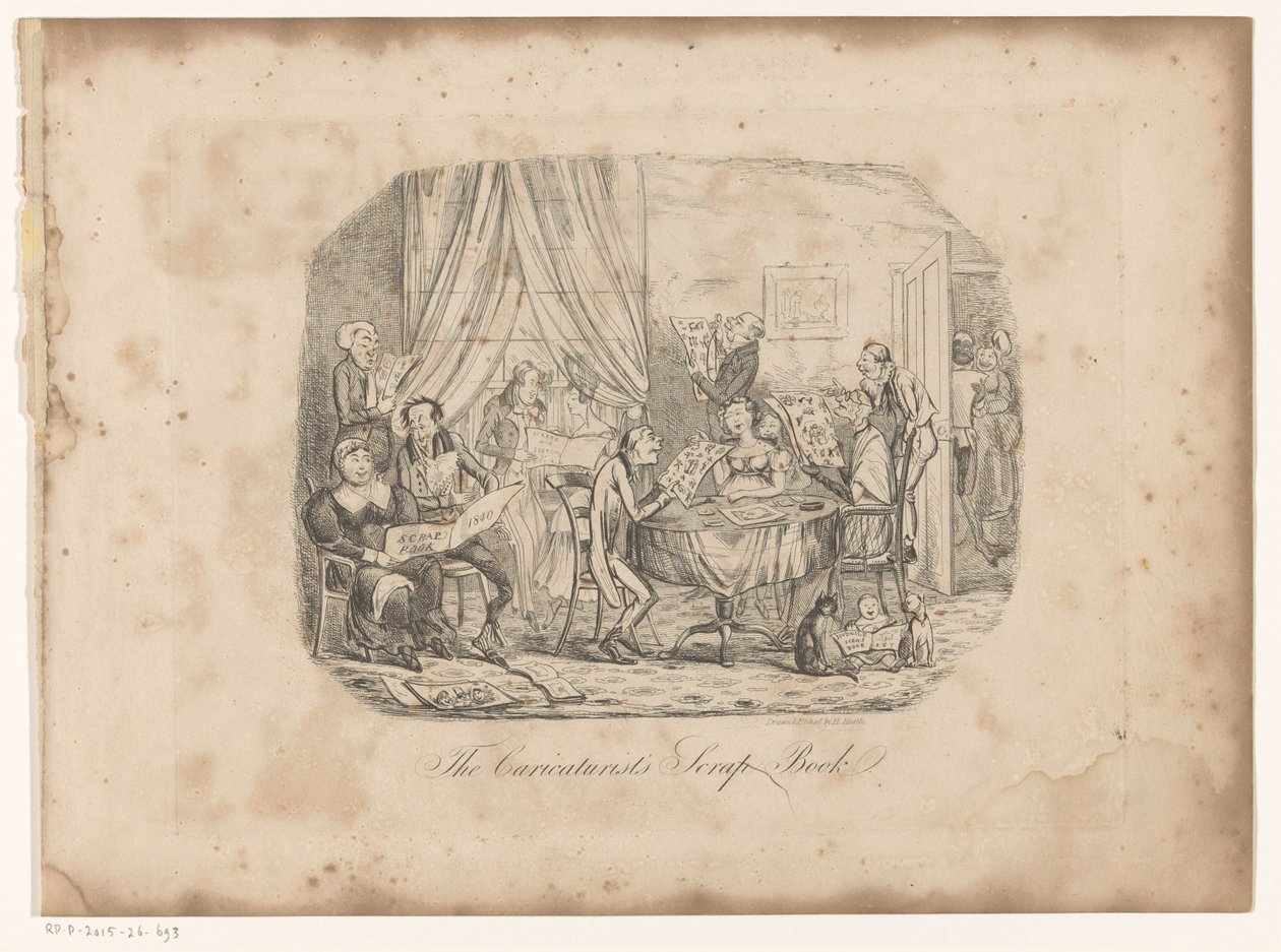 Interieur met mensen die bladen uit The Caricaturist